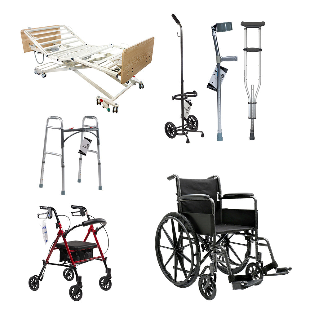 A grouped assortment of a hospital bed, wheelchair, rollator, walker, crutches and cane