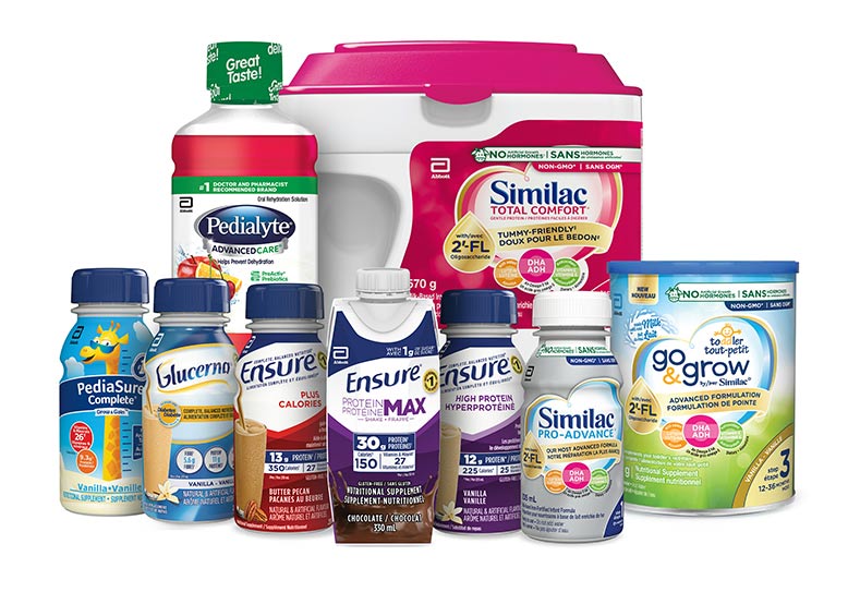 A grouped assortment of PediaSure, Ensure, Glucerna and other nutrition products