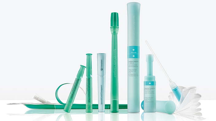 A grouped assortment of intermittent catheter products